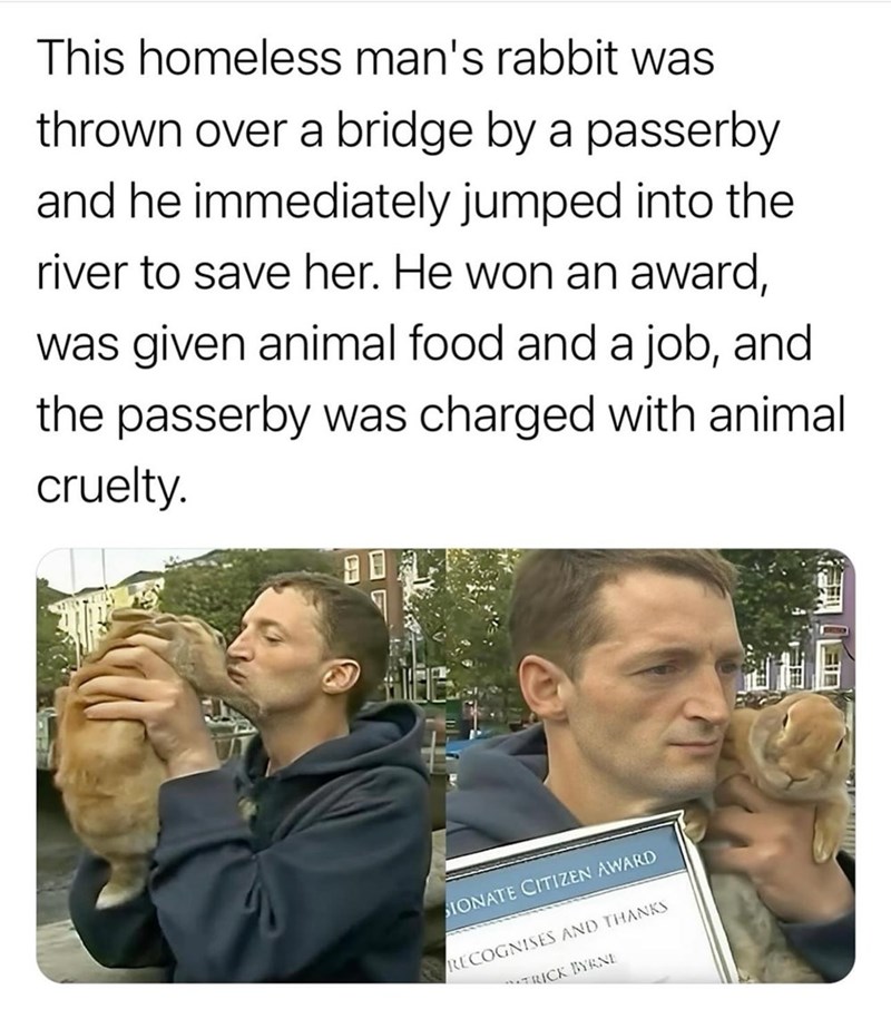 This homeless man's rabbit was thrown over a bridge by a passerby and he immediately jumped into the river to save her. He won an award, was given animal food and a job, and the passerby was charged with animal cruelty. SIONATE CITIZEN AWARD RECOGNISES AND THANKS RICK BYRNE