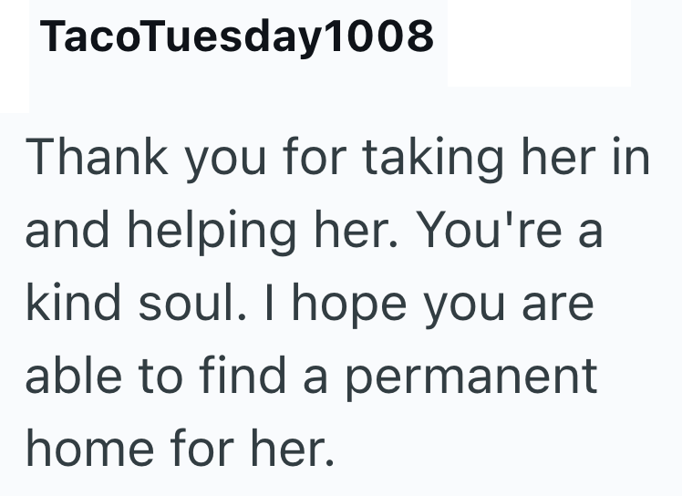 Taco Tuesday1008 Thank you for taking her in and helping her. You're a kind soul. I hope you are able to find a permanent home for her.