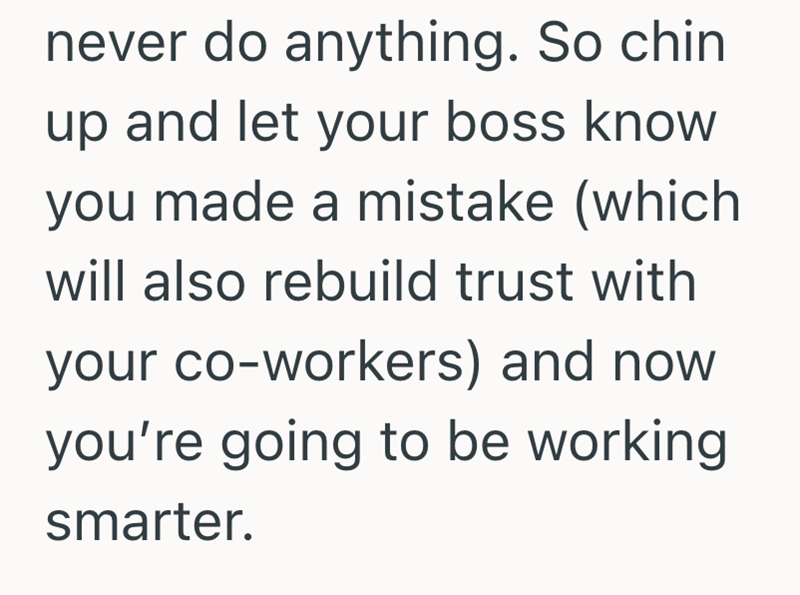 never do anything. So chin up and let your boss know you made a mistake (which will also rebuild trust with your co-workers) and now you're going to be working smarter.