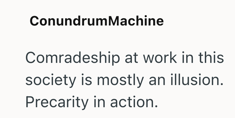 Conundrum Machine Comradeship at work in this society is mostly an illusion. Precarity in action.