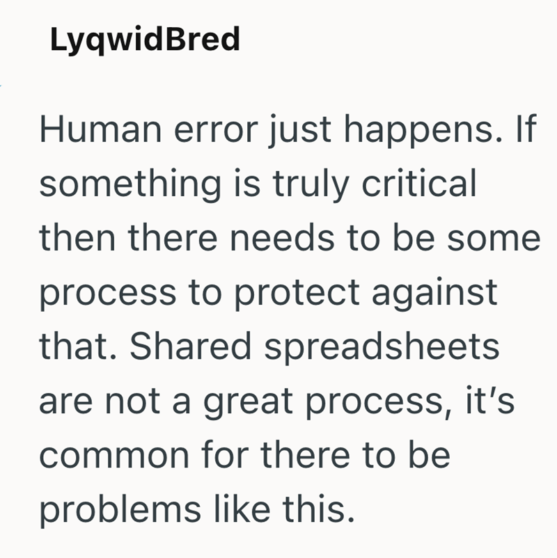 LyqwidBred Human error just happens. If something is truly critical then there needs to be some process to protect against that. Shared spreadsheets are not a great process, it's common for there to be problems like this.