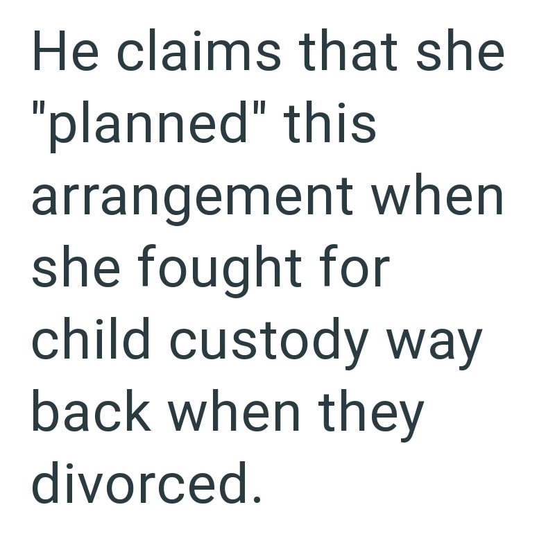 He claims that she "planned" this arrangement when she fought for child custody way back when they divorced.