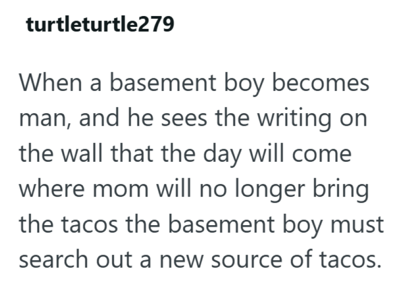 turtleturtle279 When a basement boy becomes man, and he sees the writing on the wall that the day will come where mom will no longer bring the tacos the basement boy must search out a new source of tacos.