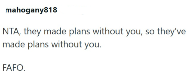 mahogany818 NTA, they made plans without you, so they've made plans without you. FAFO.