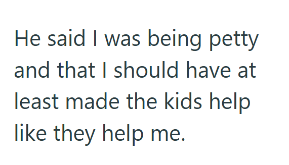 He said I was being petty and that I should have at least made the kids help like they help me.
