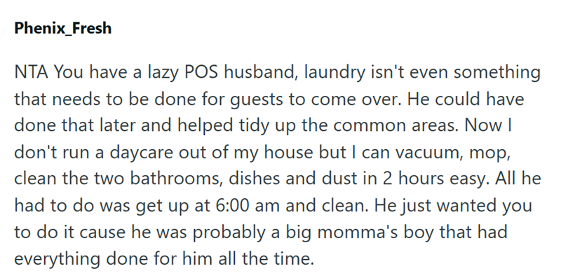 Phenix_Fresh NTA You have a lazy POS husband, laundry isn't even something that needs to be done for guests to come over. He could have done that later and helped tidy up the common areas. Now I don't run a daycare out of my house but I can vacuum, mop, clean the two bathrooms, dishes and dust in 2 hours easy. All he had to do was get up at 6:00 am and clean. He just wanted you to do it cause he was probably a big momma's boy that had everything done for him all the time.