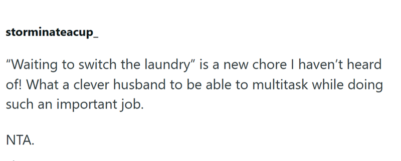 storminateacup_ "Waiting to switch the laundry" is a new chore I haven't heard of! What a clever husband to be able to multitask while doing such an important job. NTA.