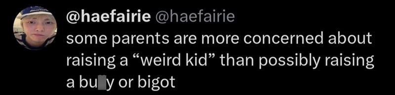 @haefairie @haefairie some parents are more concerned about raising a "weird kid" than possibly raising a bu y or bigot