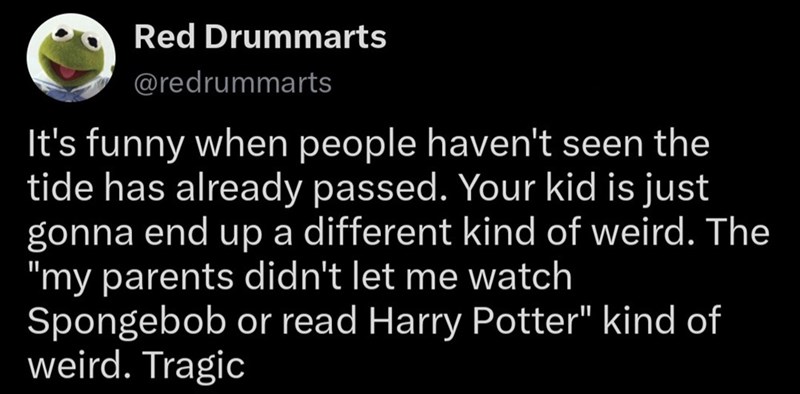 Red Drummarts @redrummarts It's funny when people haven't seen the tide has already passed. Your kid is just gonna end up a different kind of weird. The "my parents didn't let me watch Spongebob or read Harry Potter" kind of weird. Tragic
