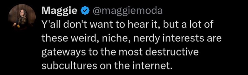 Maggie @maggiemoda Y'all don't want to hear it, but a lot of these weird, niche, nerdy interests are gateways to the most destructive subcultures on the internet.