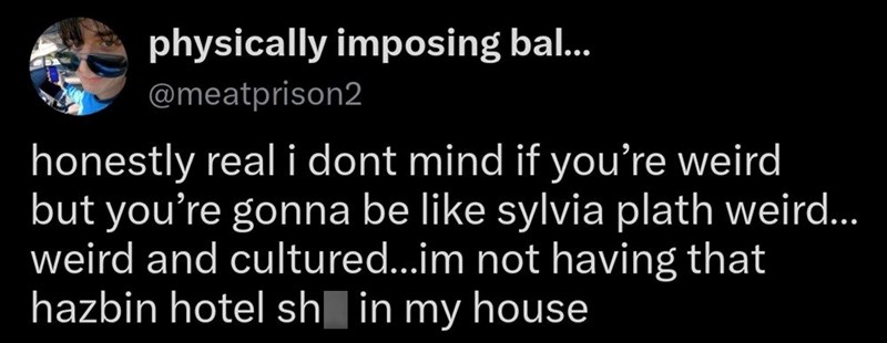 physically imposing bal... @meatprison2 honestly real i dont mind if you're weird but you're gonna be like sylvia plath weird... weird and cultured...im not having that hazbin hotel sh in my house