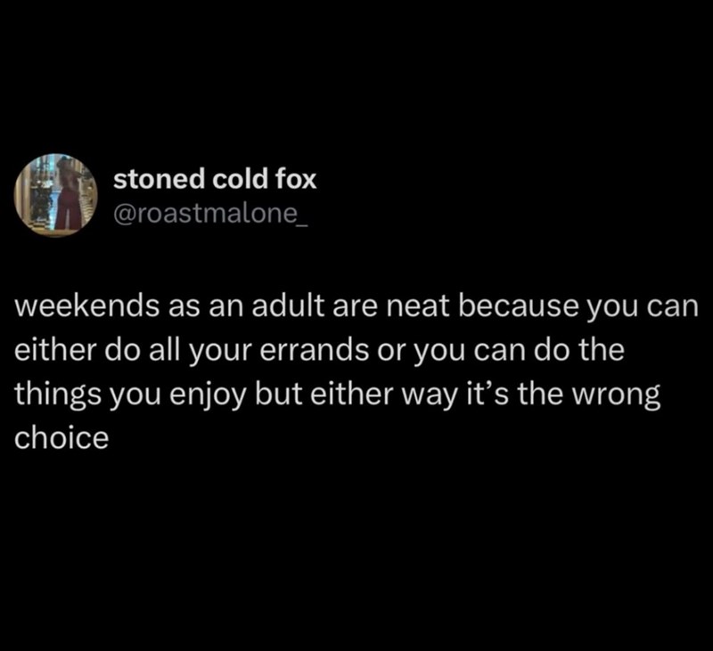 stoned cold fox @roastmalone_ weekends as an adult are neat because you can either do all your errands or you can do the things you enjoy but either way it's the wrong choice