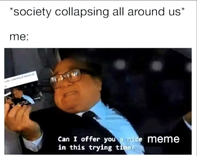 *society collapsing all around us me: Can I offer you a nice meme in this trying time?