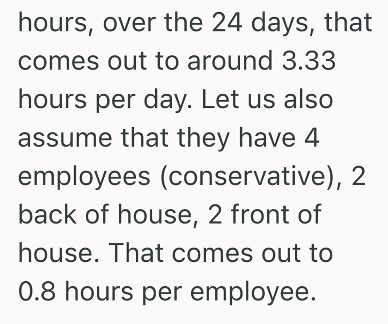 hours, over the 24 days, that comes out to around 3.33 hours per day. Let us also assume that they have 4 employees (conservative), 2 back of house, 2 front of house. That comes out to 0.8 hours per employee.