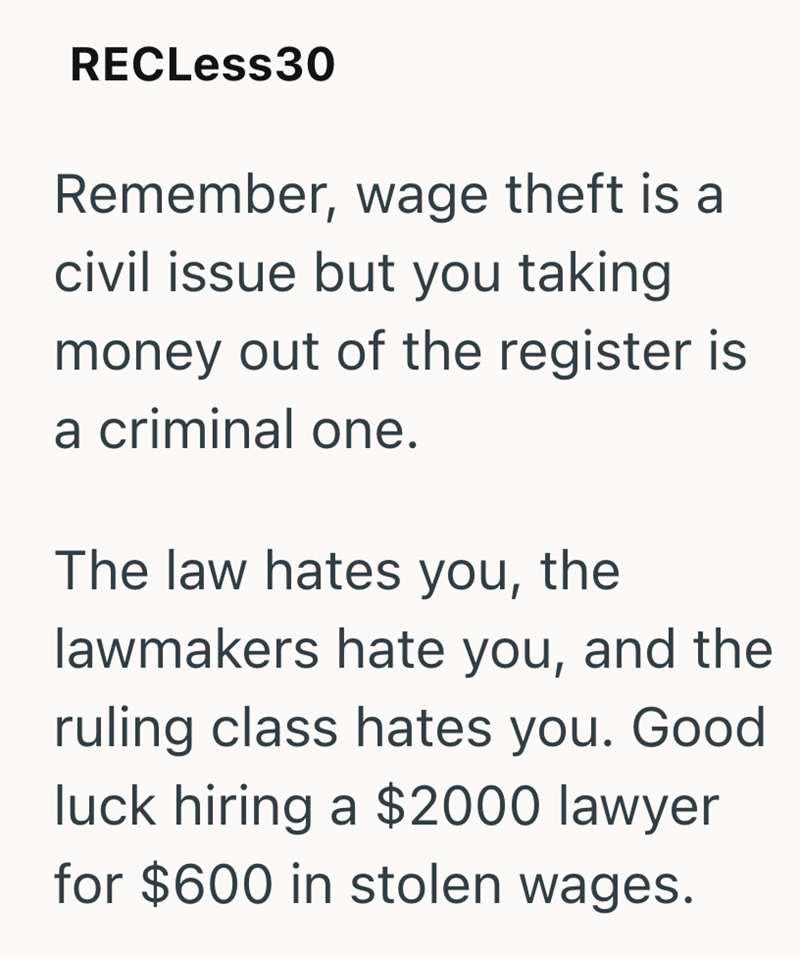 RECLess30 Remember, wage theft is a civil issue but you taking money out of the register is a criminal one. The law hates you, the lawmakers hate you, and the ruling class hates you. Good luck hiring a $2000 lawyer for $600 in stolen wages.