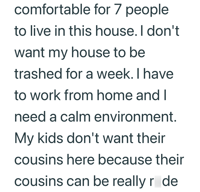 comfortable for 7 people to live in this house. I don't want my house to be trashed for a week. I have to work from home and I need a calm environment. My kids don't want their cousins here because their cousins can be really r de