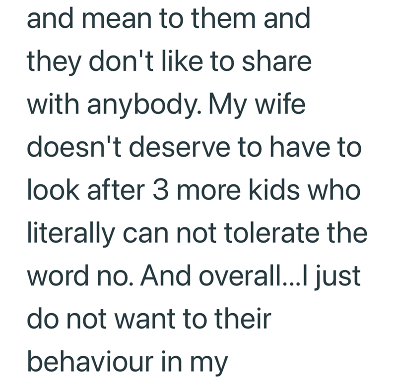and mean to them and they don't like to share with anybody. My wife doesn't deserve to have to look after 3 more kids who literally can not tolerate the word no. And overall...I just do not want to their behaviour in my