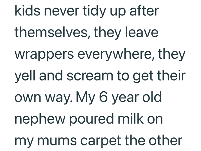 kids never tidy up after themselves, they leave wrappers everywhere, they yell and scream to get their own way. My 6 year old nephew poured milk on my mums carpet the other