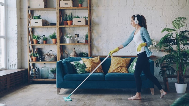 A woman frantically cleans her house before company arrives because she doesn't want them thinking that she lives in a pigsty, even though her husband couldn't care less about how their house looks to their family and friends. 