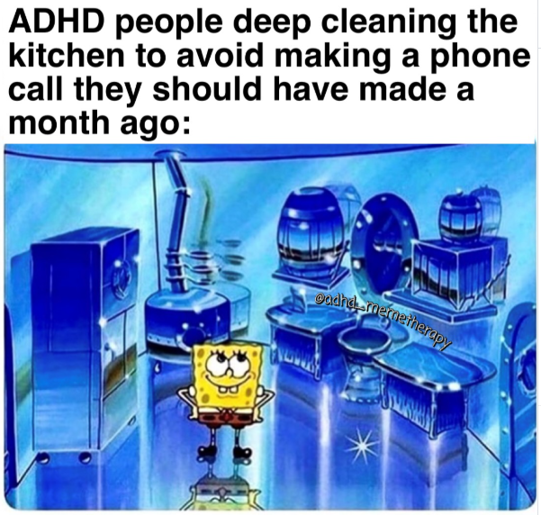 ADHD people deep cleaning the kitchen to avoid making a phone call they should have made a month ago: adhd memetherapy