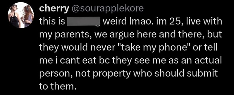cherry @sourapplekore this is weird Imao. im 25, live with my parents, we argue here and there, but they would never "take my phone" or tell me i cant eat bc they see me as an actual person, not property who should submit to them.
