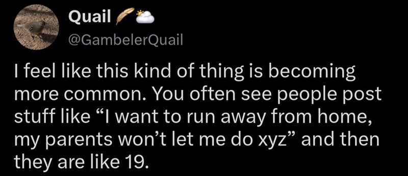 Quail @GambelerQuail I feel like this kind of thing is becoming more common. You often see people post stuff like "I want to run away from home, my parents won't let me do xyz" and then they are like 19.