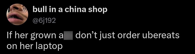 bull in a china shop @6j192 If her grown a don't just order ubereats on her laptop
