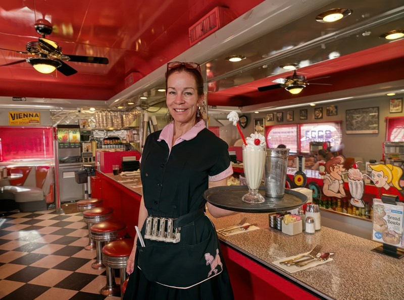 A server posing in her uniform while she works at a dinner.
