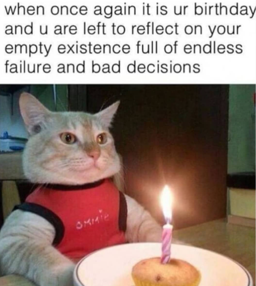 when once again it is ur birthday and u are left to reflect on your empty existence full of endless failure and bad decisions OMMIE