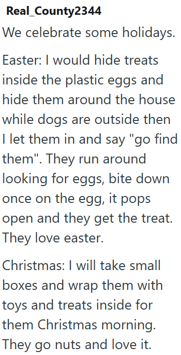 Real_County2344 We celebrate some holidays. Easter: I would hide treats inside the plastic eggs and hide them around the house while dogs are outside then I let them in and say "go find them". They run around looking for eggs, bite down once on the egg, it pops open and they get the treat. They love easter. Christmas: I will take small boxes and wrap them with toys and treats inside for them Christmas morning. They go nuts and love it.