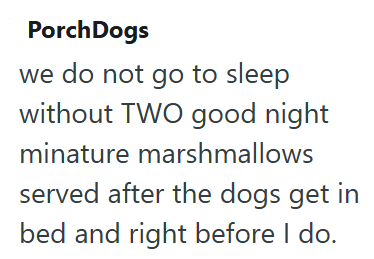 Porch Dogs we do not go to sleep without TWO good night minature marshmallows served after the dogs get in bed and right before I do.