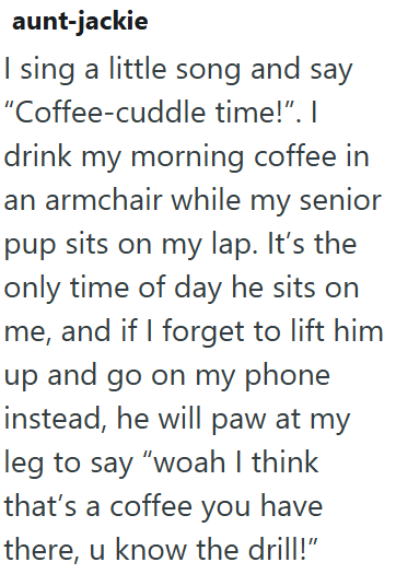 aunt-jackie I sing a little song and say "Coffee-cuddle time!". I drink my morning coffee in an armchair while my senior pup sits on my lap. It's the only time of day he sits on me, and if I forget to lift him up and go on my phone instead, he will paw at my leg to say "woah I think that's a coffee you have there, u know the drill!"