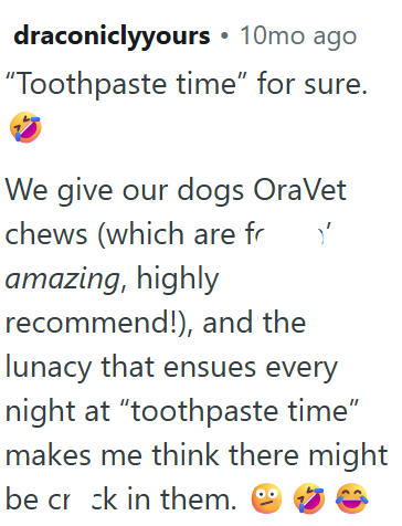 draconiclyyours • 10mo ago "Toothpaste time" for sure. We give our dogs OraVet chews (which are fr amazing, highly recommend!), and the lunacy that ensues every night at "toothpaste time" makes me think there might be crack in them.