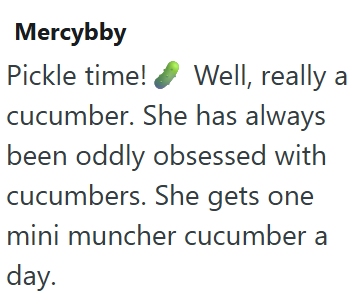 Mercybby Pickle time! Well, really a cucumber. She has always been oddly obsessed with cucumbers. She gets one mini muncher cucumber a day.