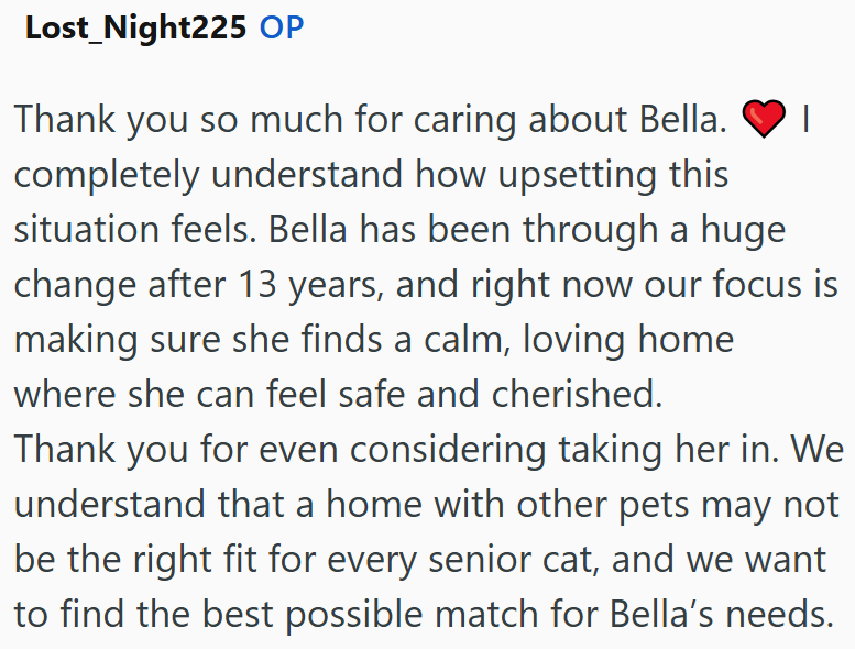 Lost_Night225 OP Thank you so much for caring about Bella. | completely understand how upsetting this situation feels. Bella has been through a huge change after 13 years, and right now our focus is making sure she finds a calm, loving home where she can feel safe and cherished. Thank you for even considering taking her in. We understand that a home with other pets may not be the right fit for every senior cat, and we want to find the best possible match for Bella's needs.