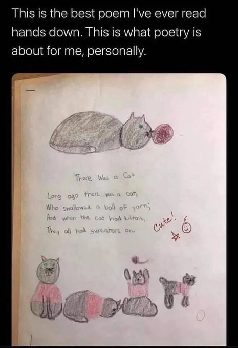 This is the best poem I've ever read hands down. This is what poetry is about for me, personally. There Was a Cat Long ago there was a cat, Who swallowed a ball of yarn; And when the cat had kittens, They all had sweaters on. Cute! ☆