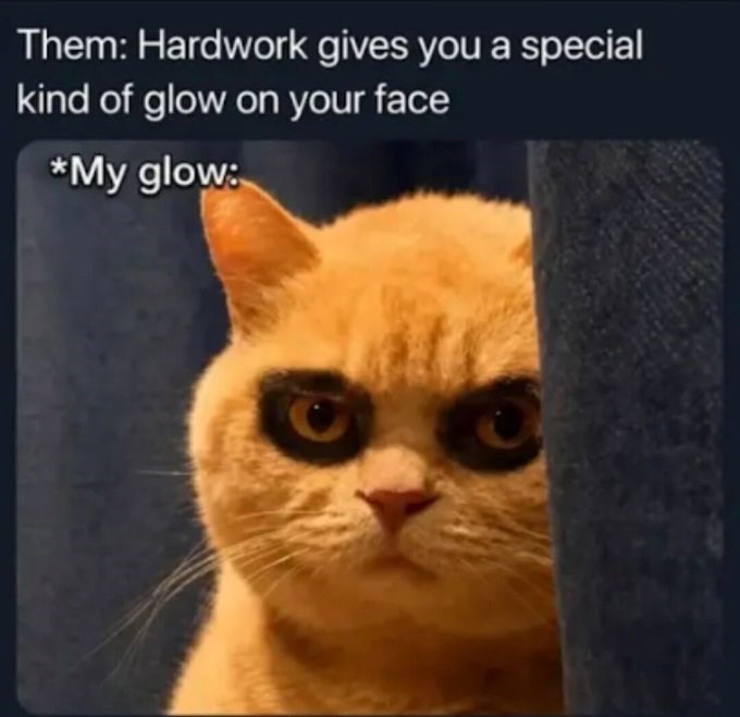 Them: Hardwork gives you a special kind of glow on your face *My glow: