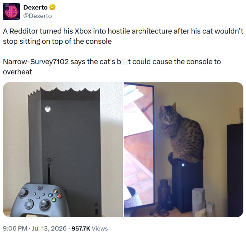 Dexerto @Dexerto A Redditor turned his Xbox into hostile architecture after his cat wouldn't stop sitting on top of the console Narrow-Survey7102 says the cat's but could cause the console to overheat 9:06 PM - Jul 13, 2026 957.7K Views