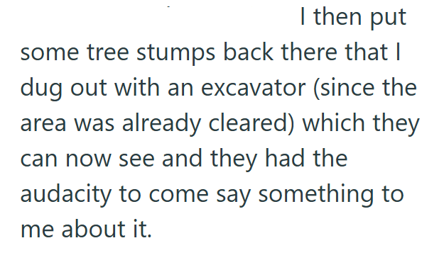 I then put some tree stumps back there that I dug out with an excavator (since the area was already cleared) which they can now see and they had the audacity to come say something to me about it.