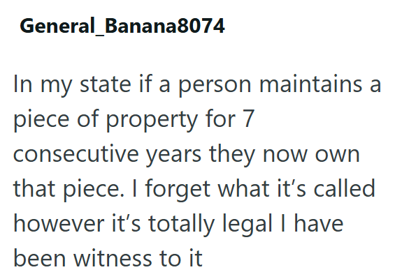 General Banana8074 In my state if a person maintains a piece of property for 7 consecutive years they now own that piece. I forget what it's called however it's totally legal I have been witness to it