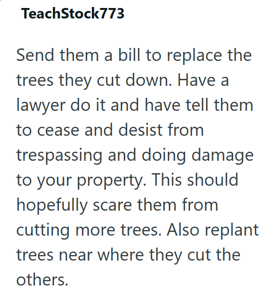 TeachStock773 Send them a bill to replace the trees they cut down. Have a lawyer do it and have tell them to cease and desist from trespassing and doing damage to your property. This should hopefully scare them from cutting more trees. Also replant trees near where they cut the others.