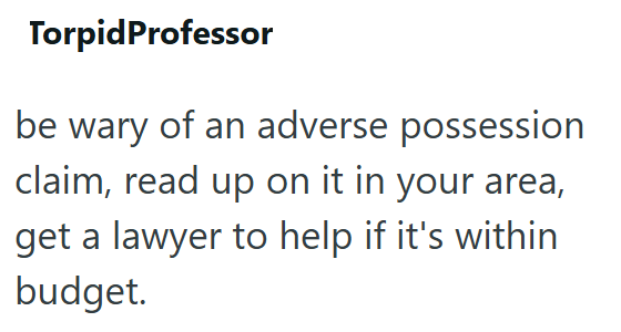 TorpidProfessor be wary of an adverse possession claim, read up on it in your area, get a lawyer to help if it's within budget.
