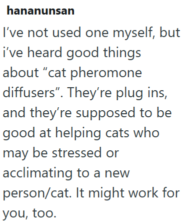 hananunsan I've not used one myself, but i've heard good things about "cat pheromone diffusers". They're plug ins, and they're supposed to be good at helping cats who may be stressed or acclimating to a new person/cat. It might work for you, too.