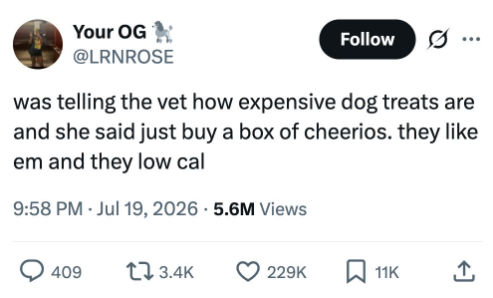 Your OG @LRNROSE Follow was telling the vet how expensive dog treats are and she said just buy a box of cheerios. they like em and they low cal 9:58 PM - Jul 19, 2026 - 5.6M Views 409 13.4K 229K 11K ↑