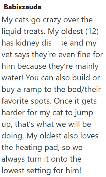 Babixzauda My cats go crazy over the liquid treats. My oldest (12) has kidney disse and my vet says they're even fine for him because they're mainly water! You can also build or buy a ramp to the bed/their favorite spots. Once it gets harder for my cat to jump up, that's what we will be doing. My oldest also loves the heating pad, so we always turn it onto the lowest setting for him!
