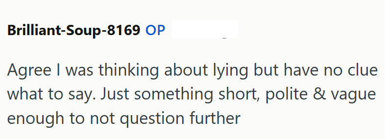 Brilliant-Soup-8169 OP Agree I was thinking about lying but have no clue what to say. Just something short, polite & vague enough to not question further