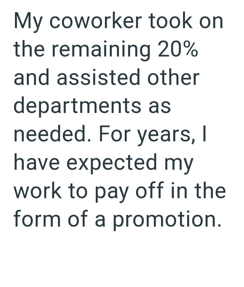 My coworker took on the remaining 20% and assisted other departments as needed. For years, I have expected my work to pay off in the form of a promotion.
