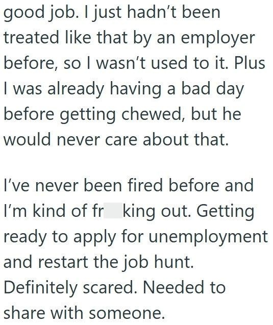 good job. I just hadn't been treated like that by an employer before, so I wasn't used to it. Plus I was already having a bad day before getting chewed, but he would never care about that. I've never been fired before and I'm kind of fr king out. Getting ready to apply for unemployment and restart the job hunt. Definitely scared. Needed to share with someone.