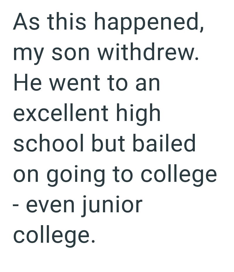 As this happened, my son withdrew. He went to an excellent high school but bailed on going to college - even junior college.
