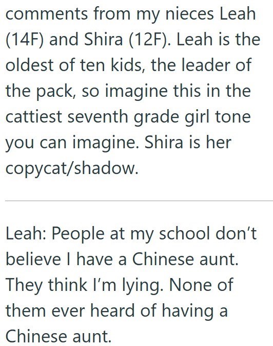 comments from my nieces Leah (14F) and Shira (12F). Leah is the oldest of ten kids, the leader of the pack, so imagine this in the cattiest seventh grade girl tone you can imagine. Shira is her copycat/shadow. Leah: People at my school don't believe I have a Chinese aunt. They think I'm lying. None of them ever heard of having a Chinese aunt.